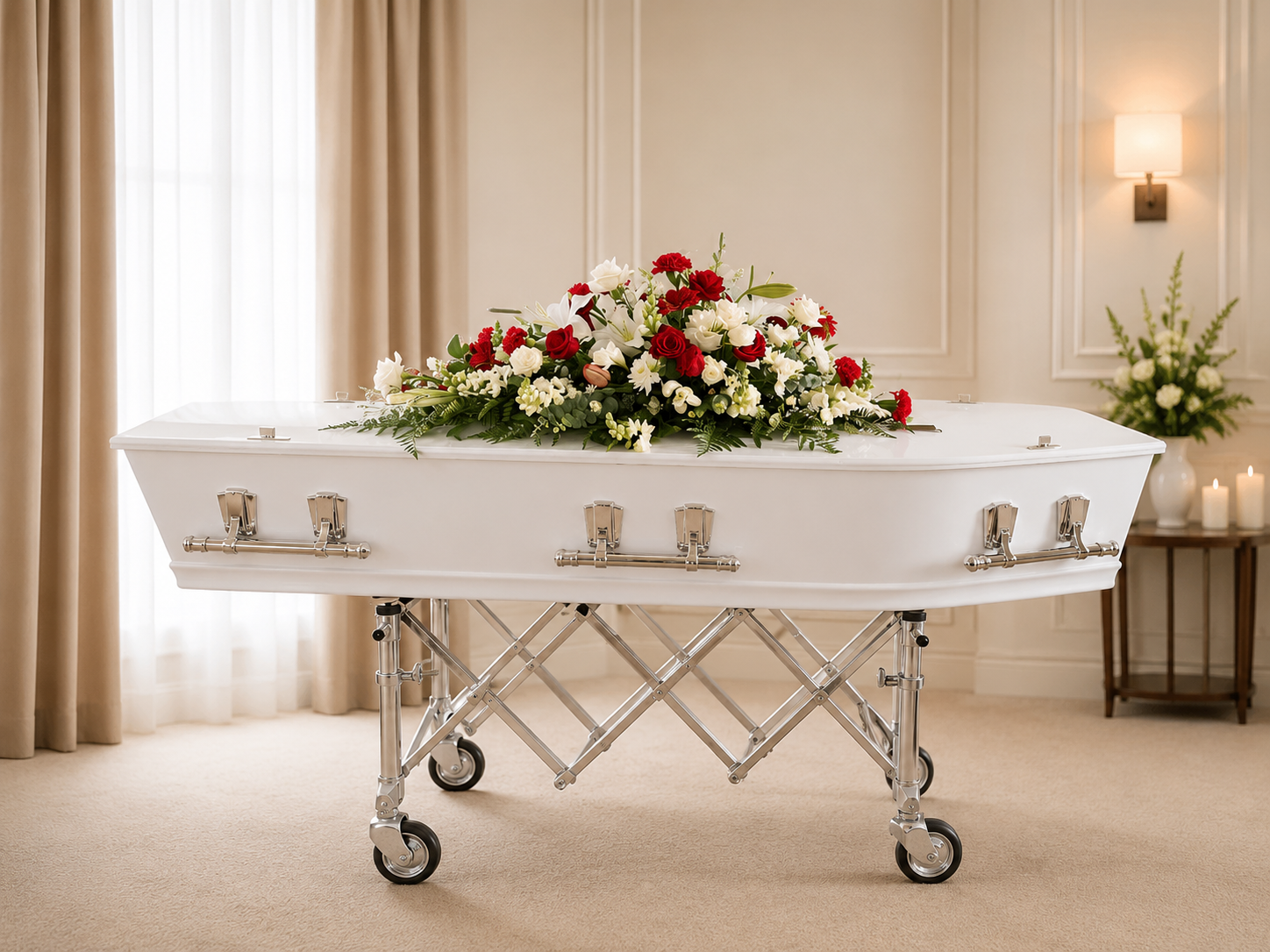 White casket with floral spray in chapel