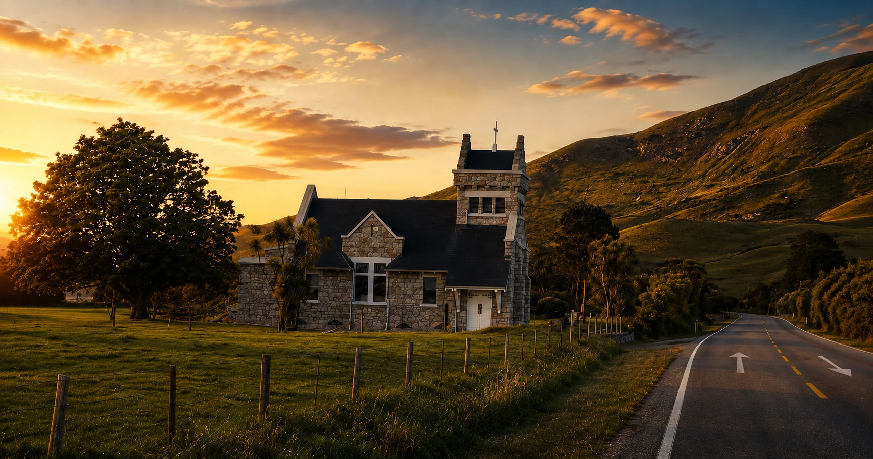Stone chapel at golden hour with rolling hills